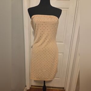 B. Smart Strapless Tan Dress with Silver Details